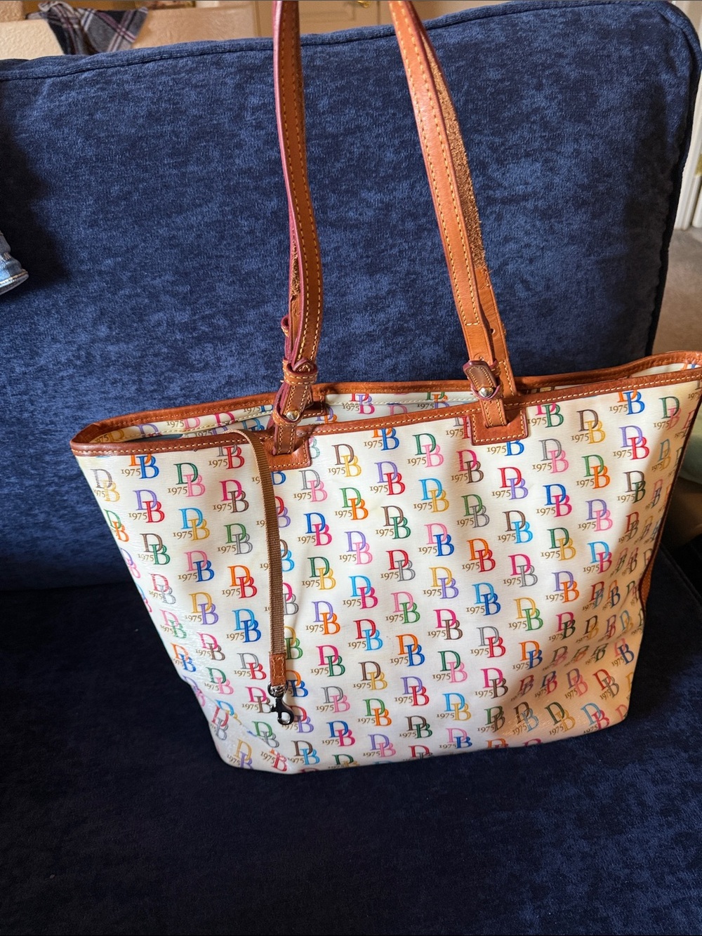 Dooney & Bourke Multicolor Logo Tote with Brown Leather Trim
